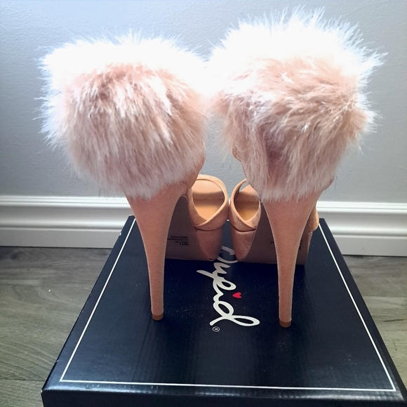 Qupid | Blush suede pu~ tan/Pinkish open toed heels with ankle strap and Pom Pom - Picture 7 of 10
